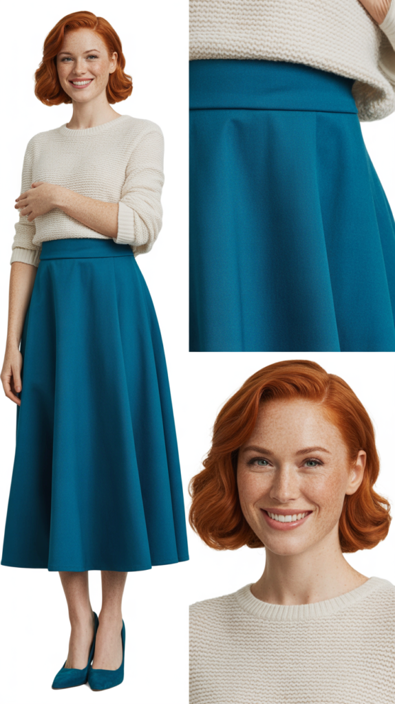  Teal Blue Midi Skirt with Cream Knit Top