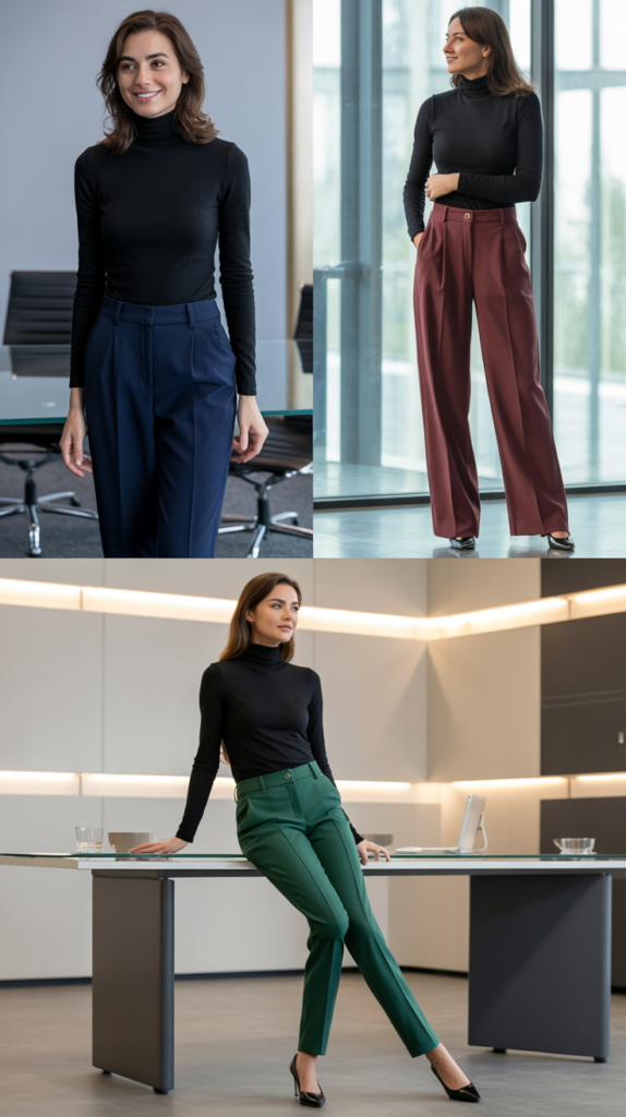 Black Turtleneck with Colored Trousers