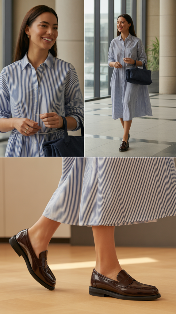Striped Shirt Dress with Loafers