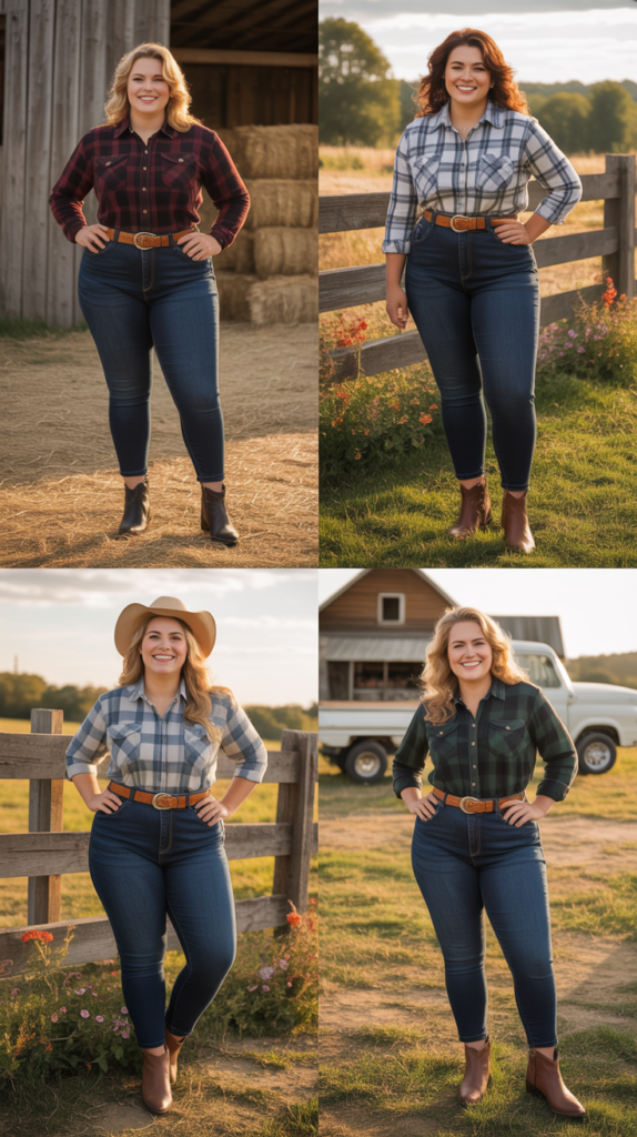High-Waisted Jeans with Tucked-In Plaid Shirt