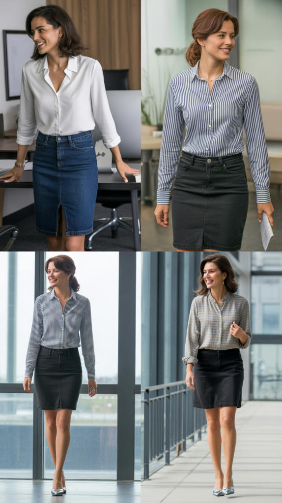 Denim Skirt with Professional Blouse
