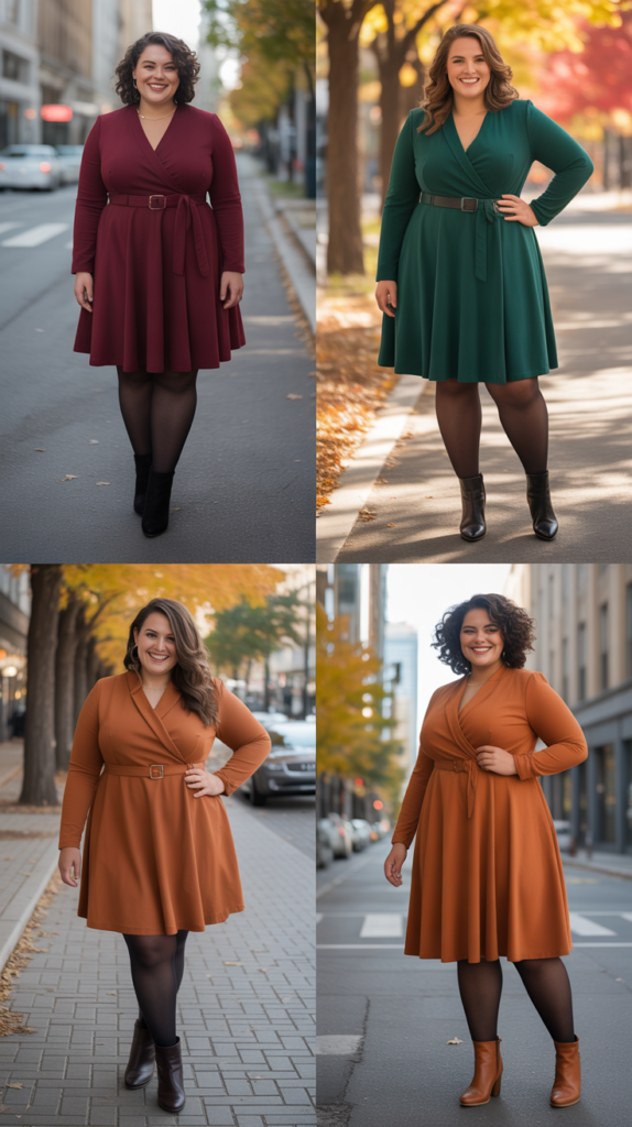 Belted Wrap Dress with Tights and Booties