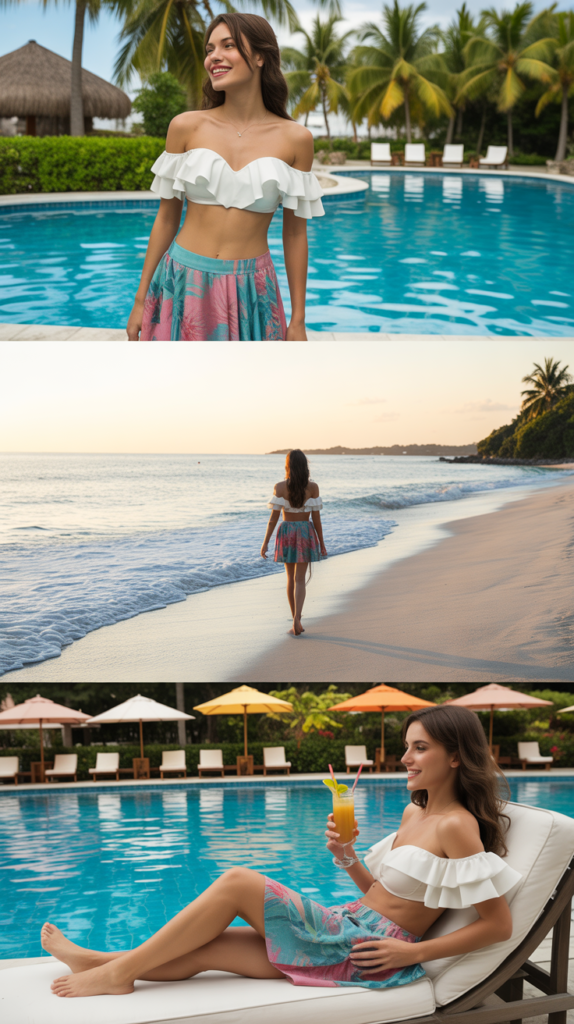 Ruffled Off-Shoulder Bikini Top with Swim Skirt