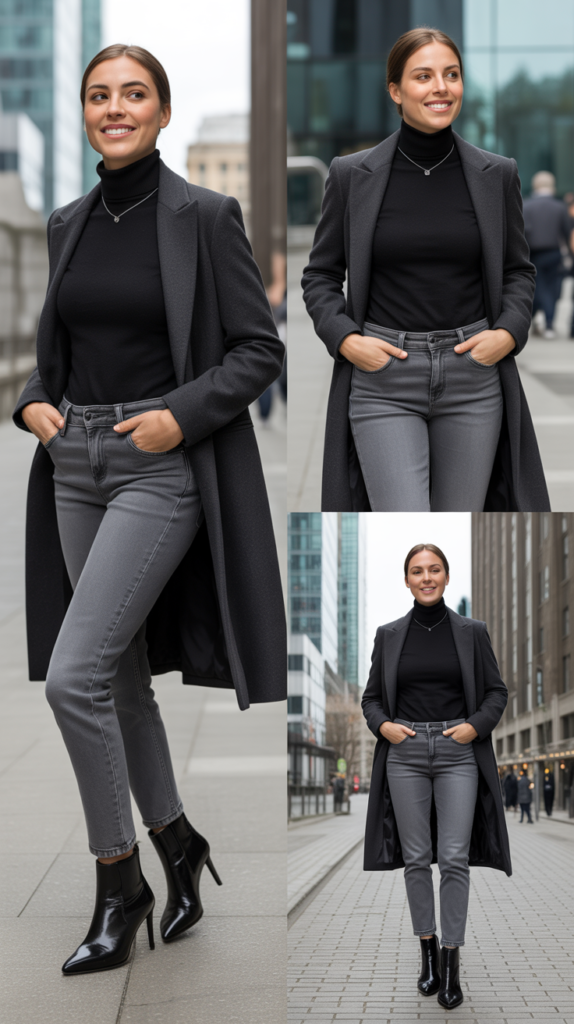 Grey Jeans with Turtleneck Sweater