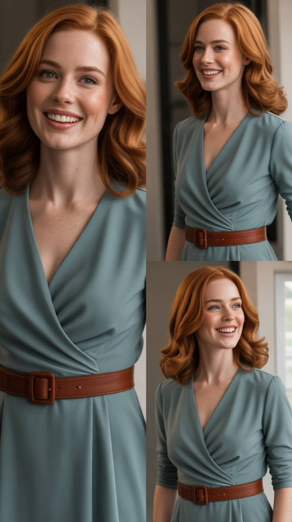 Sage Green Wrap Dress with Brown Belt