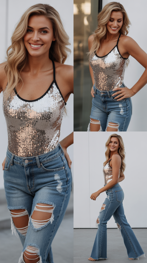 Sequined Bodysuit with Distressed Denim