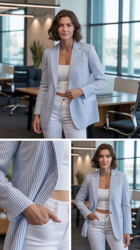 Seersucker Blazer with White Denim Jeans