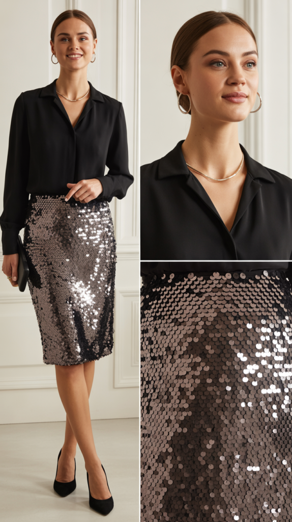 Sequined Skirt with Simple Black Top