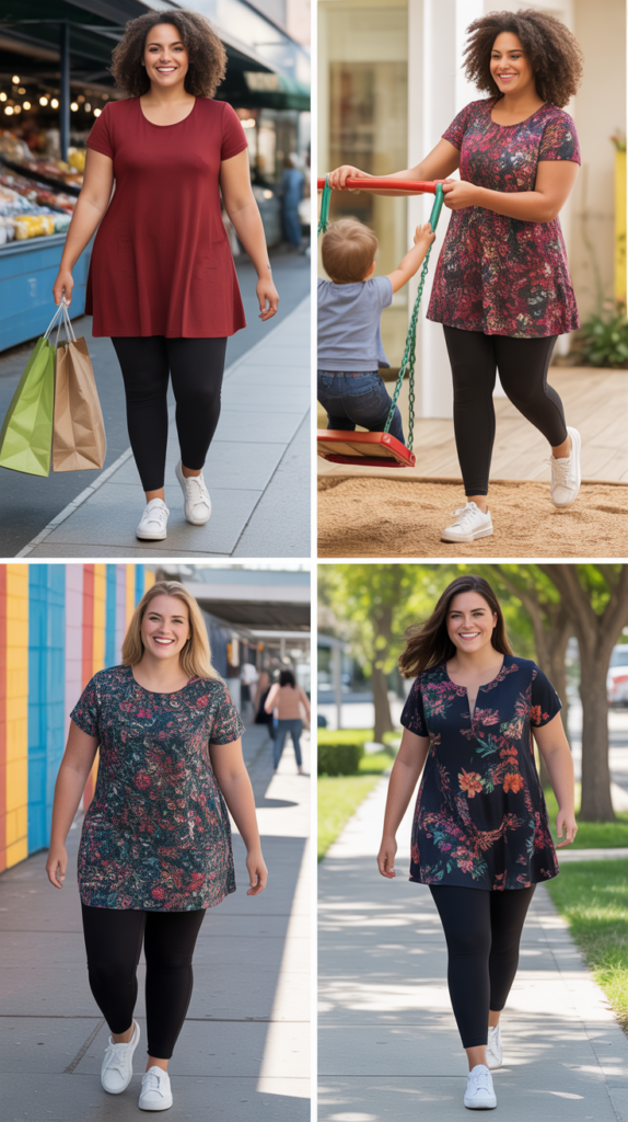 Tunic Top with Leggings and Sneakers