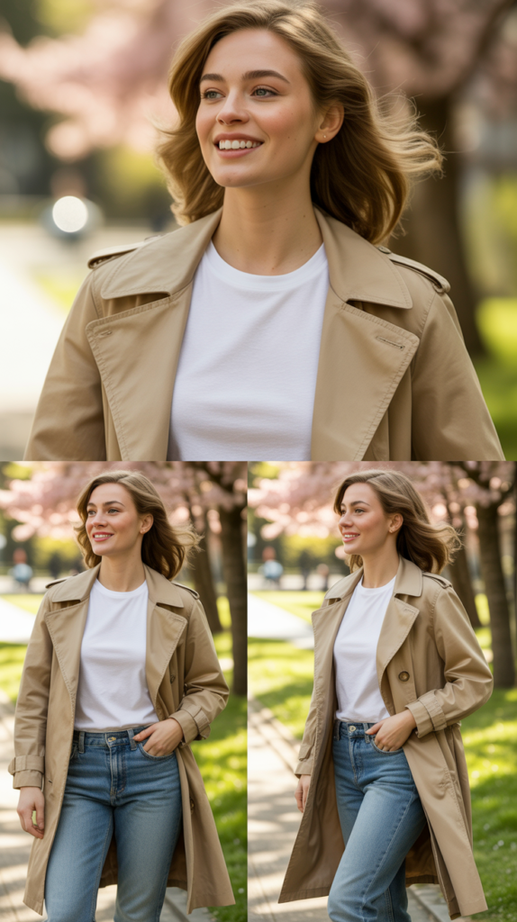 Classic Trench Coat Over White Tee and Jeans