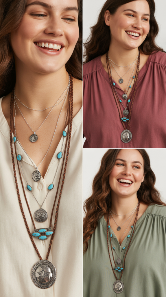 Layered Western Necklaces with Simple Outfit