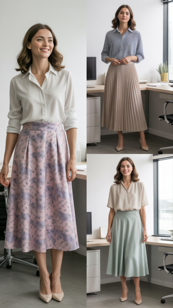 Midi Skirt with Tucked-In Blouse