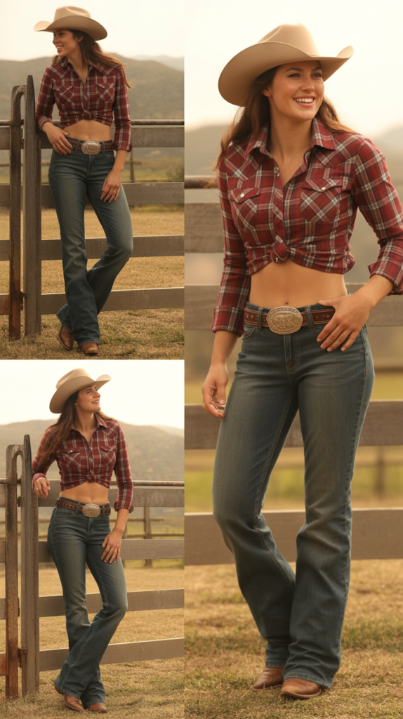 Classic Bootcut Jeans with Plaid Shirt