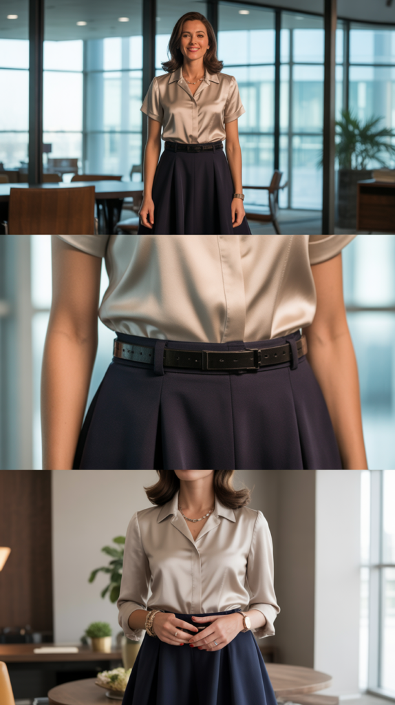  A-Line Skirt with Silk Blouse