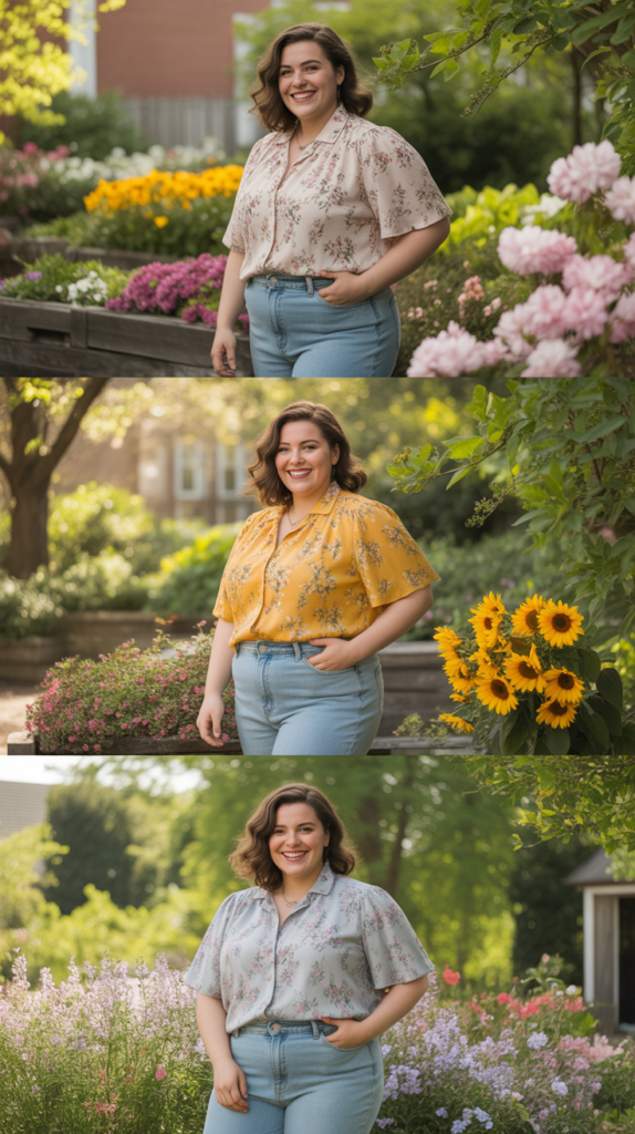 Classic Light Wash Jeans With Floral Blouse