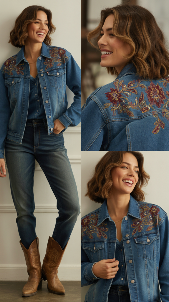 Dark Wash Jeans with Embroidered Denim Jacket