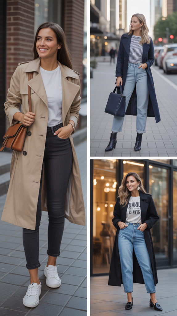 Trench Coat with Tee and Jeans