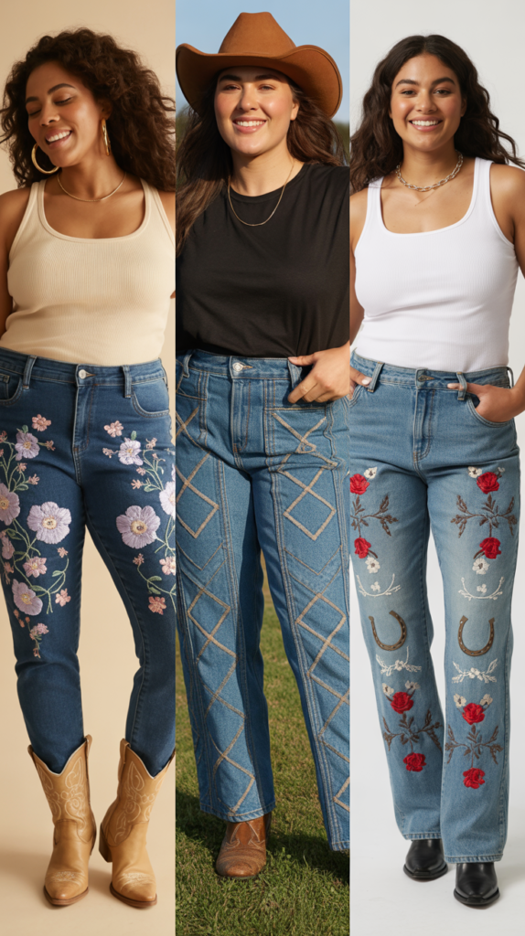 Embroidered Jeans with Simple Top