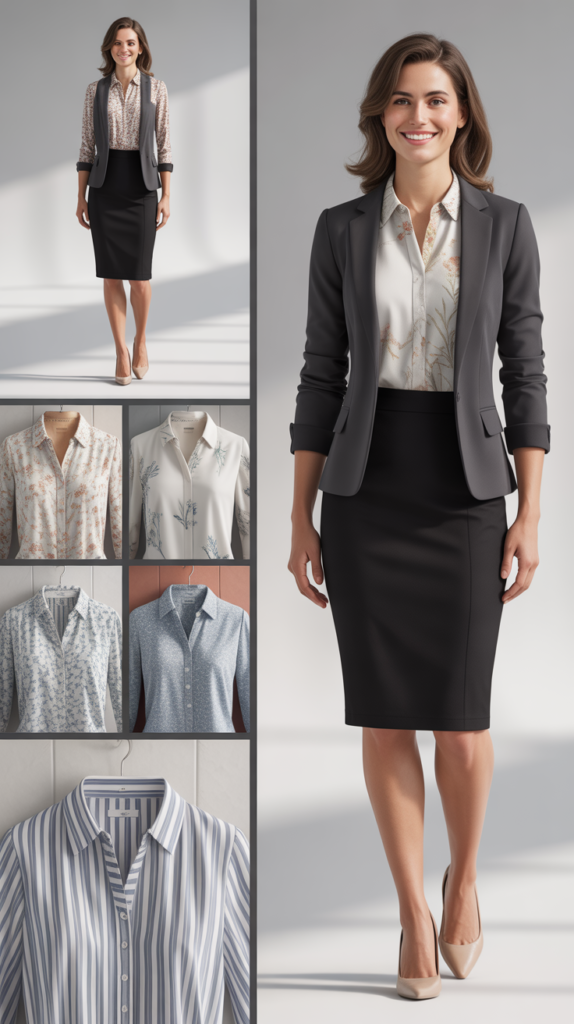 Black Skirt with Printed Blouse