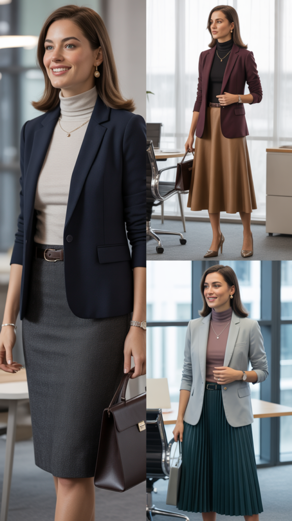 Blazer with Turtleneck and Skirt