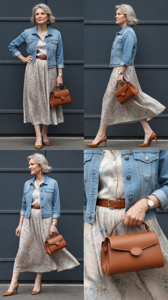 Midi-Length Floral Dress with Denim Jacket