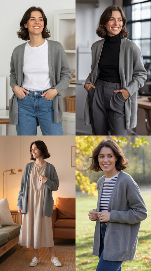 Grey Cardigan Over Neutrals