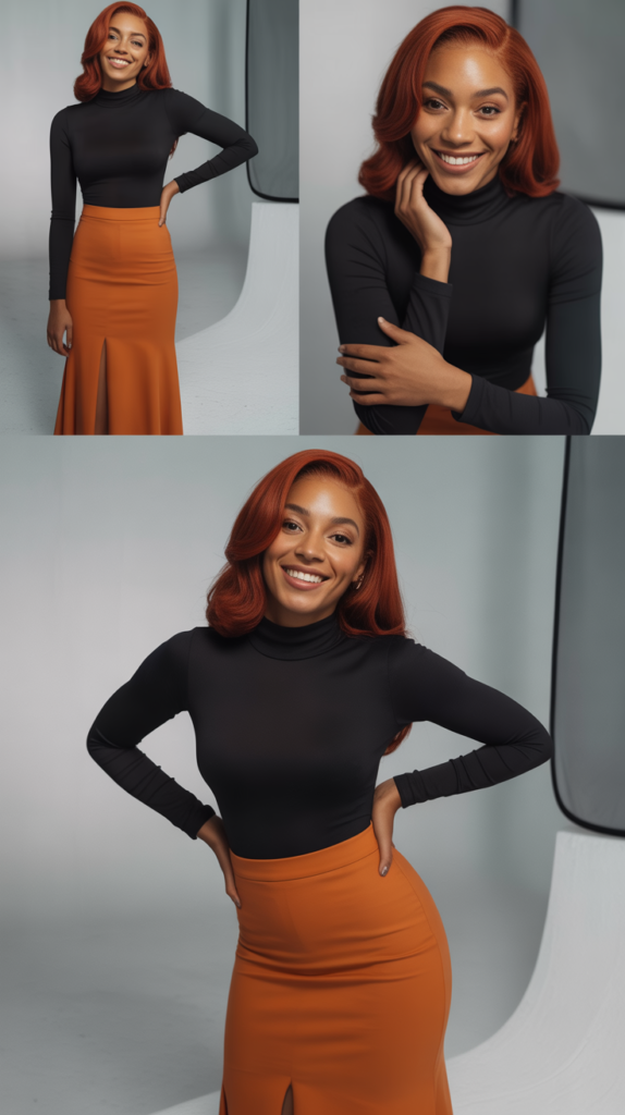 Rust Orange Midi Skirt with Black Bodysuit