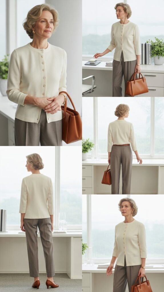  Button-Front Cardigan as a Top with Trousers