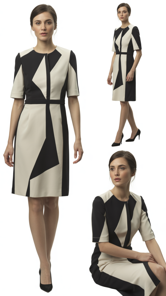 Black and Ivory Geometric Print Dress