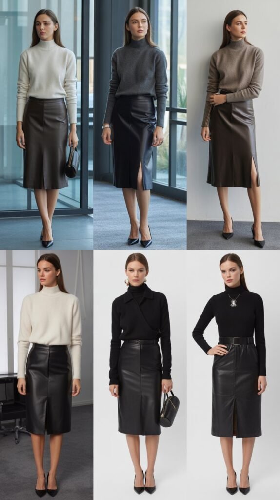  Cashmere Mock Neck and Leather Skirt Combination