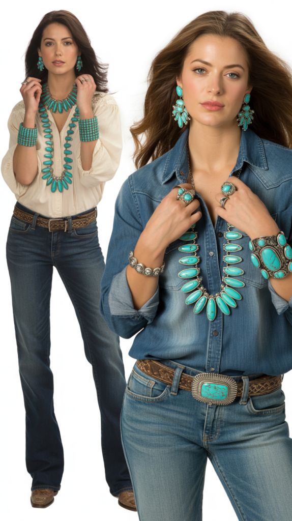 Jeans with Chunky Turquoise Jewelry