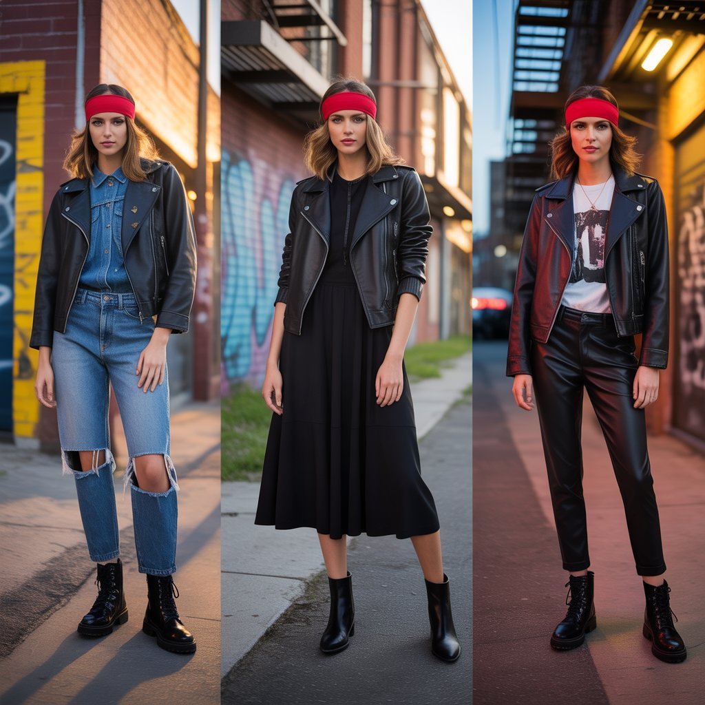Red Headband with Leather Jacket