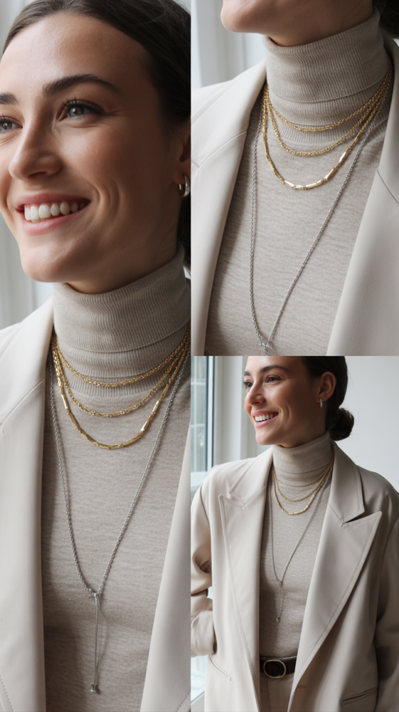 Layered Necklaces Over Turtleneck