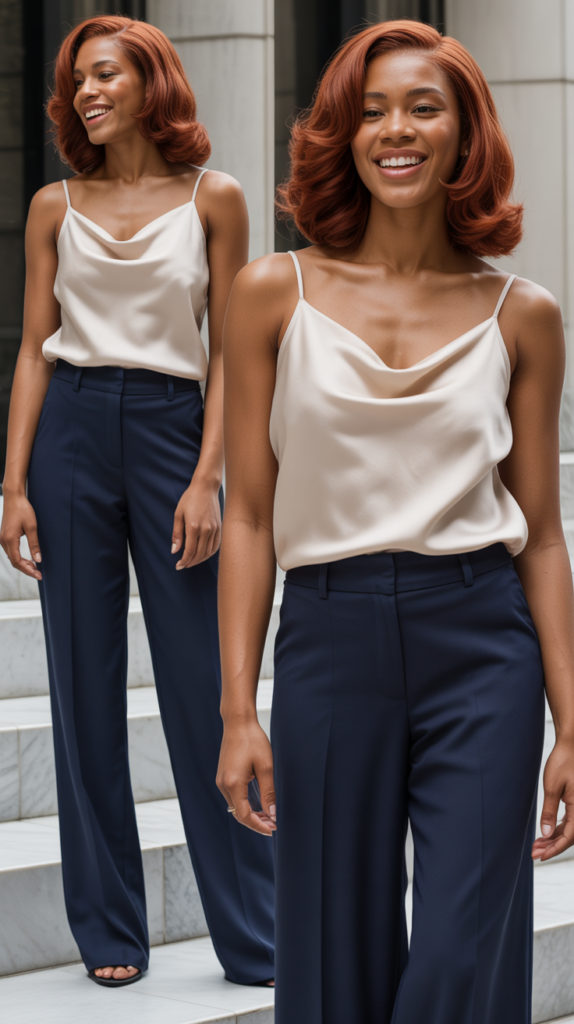  Navy Blue Wide-Leg Trousers with Cream Silk Cam