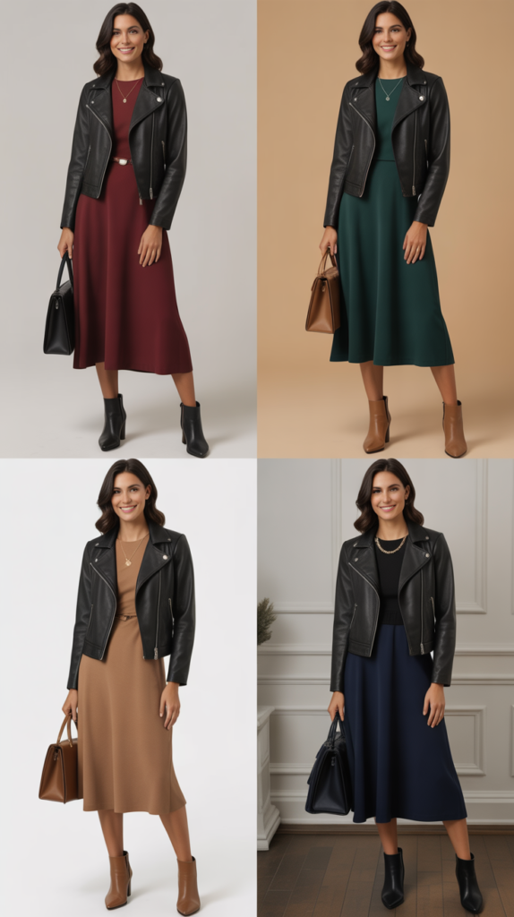  Leather Jacket Over Midi Dress