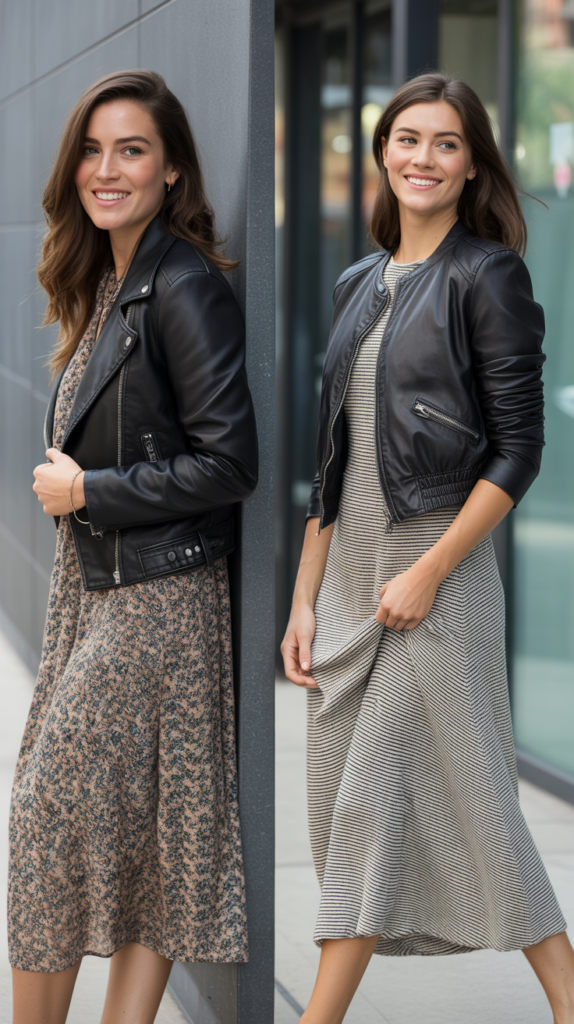 Leather Jacket Over Midi Dress