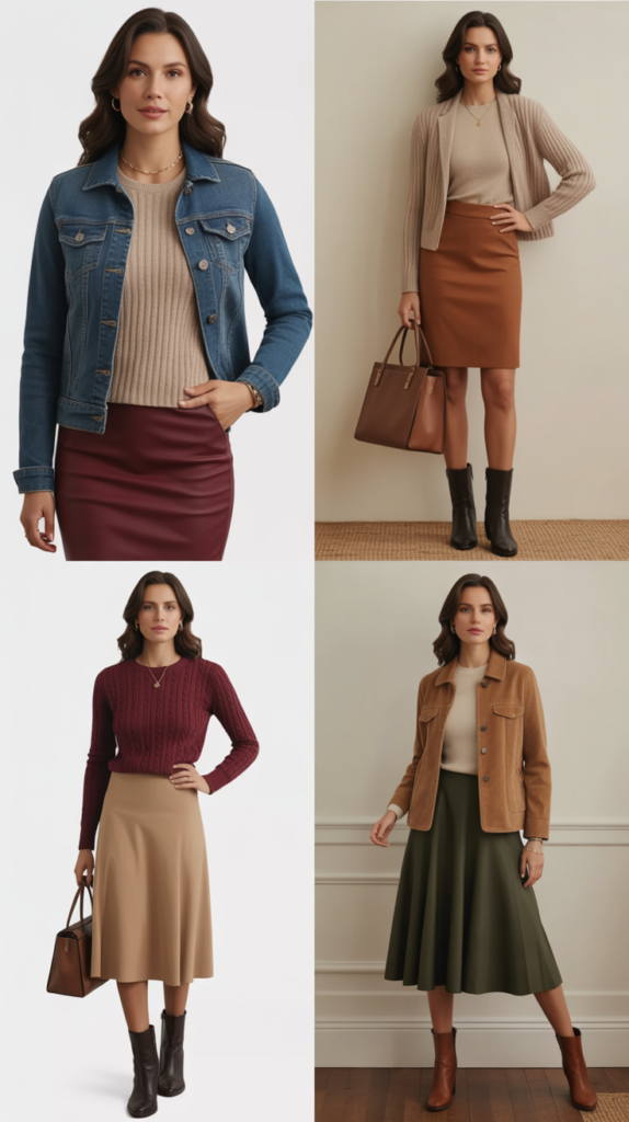 Denim Jacket Over Sweater and Skirt