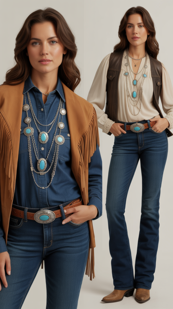 Jeans with Layered Western Necklaces