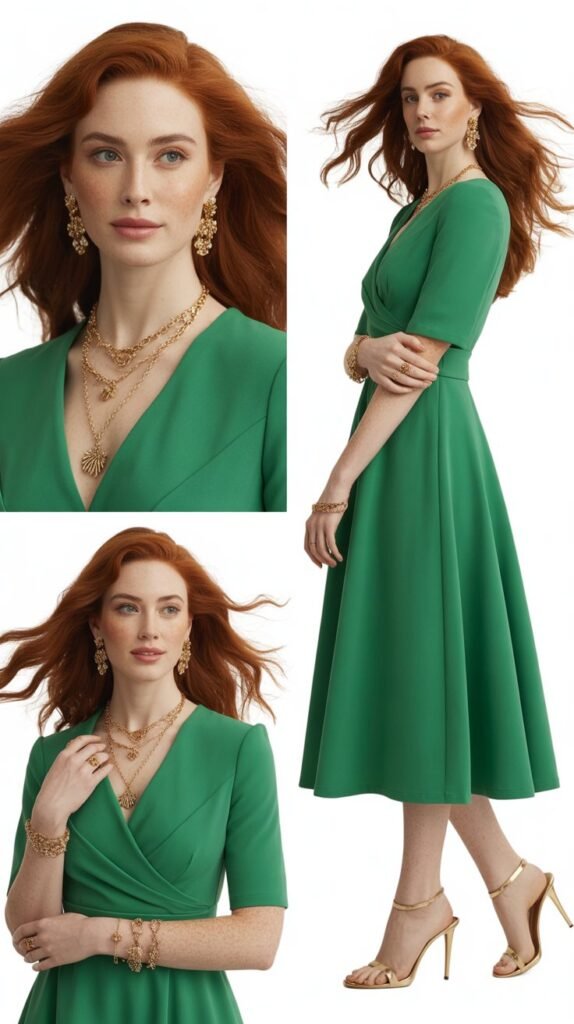 Emerald Green Midi Dress with Gold Accessories