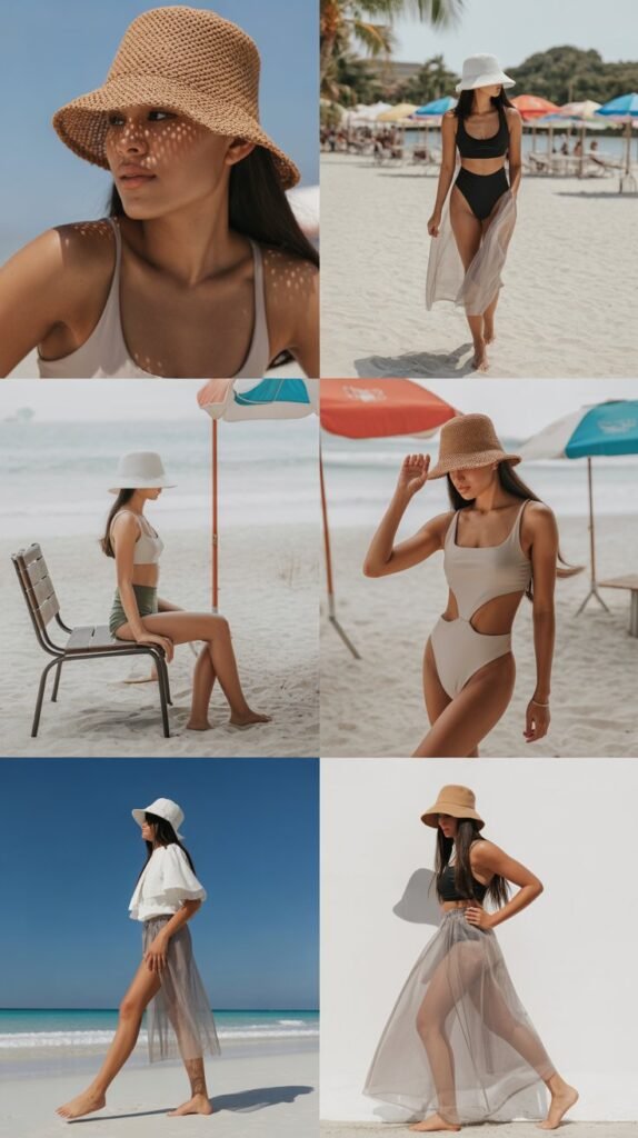 Bucket Hat, Swimsuit, and Sheer Skirt