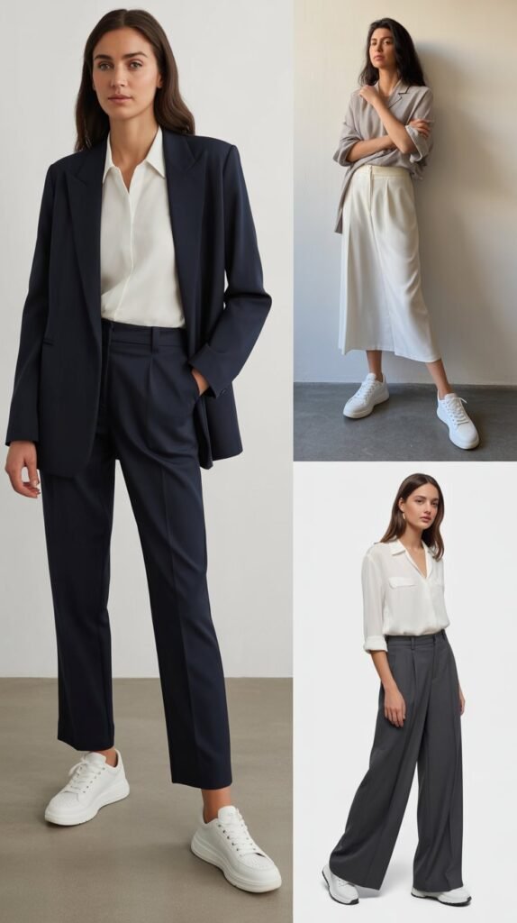 . White Sneakers with Tailored Pieces