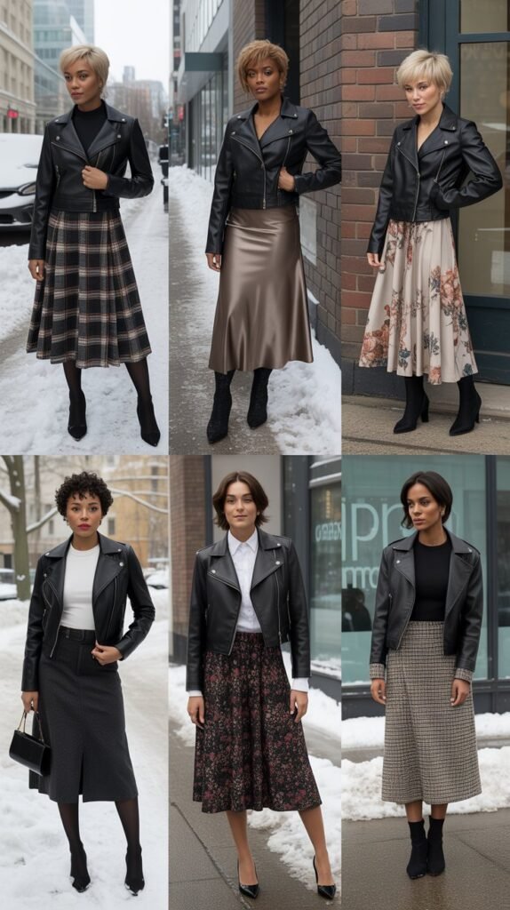 The Leather Jacket and Midi Skirt Combination