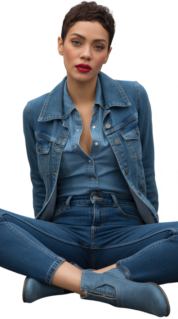 Denim-on-Denim with Bold Lipstick
