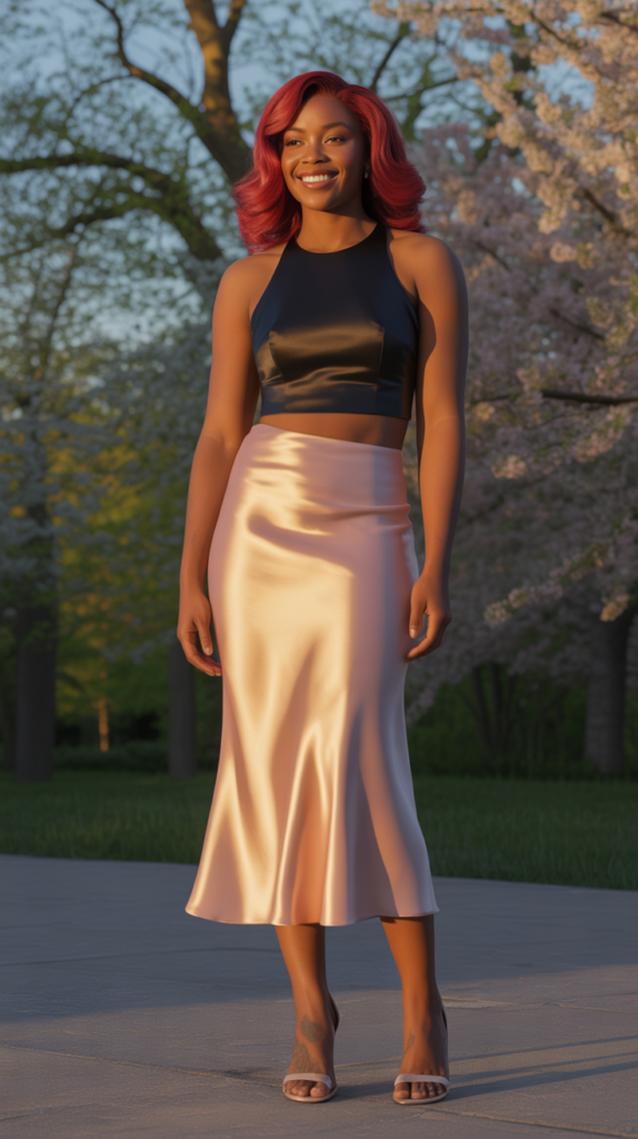  Champagne Satin Skirt with Black Crop Top