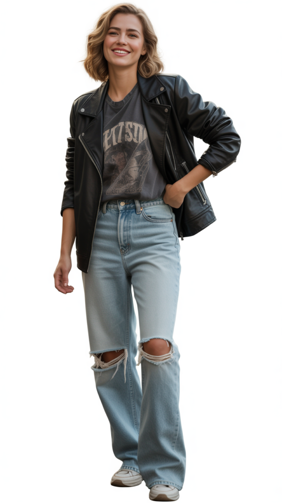 Leather Jacket with Graphic Tee and Distressed Jeans