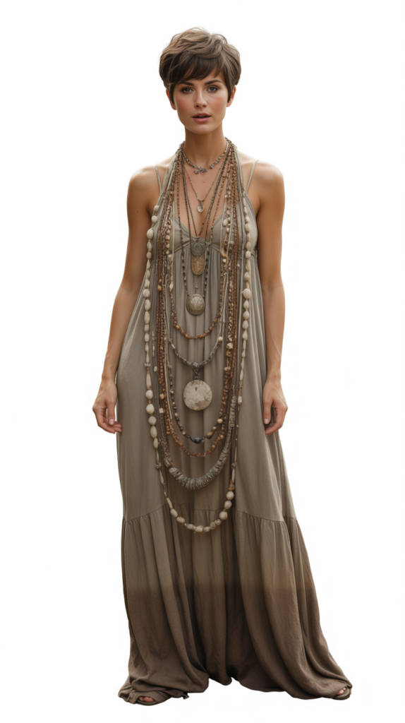 Bohemian Maxi Dress with Layered Necklaces