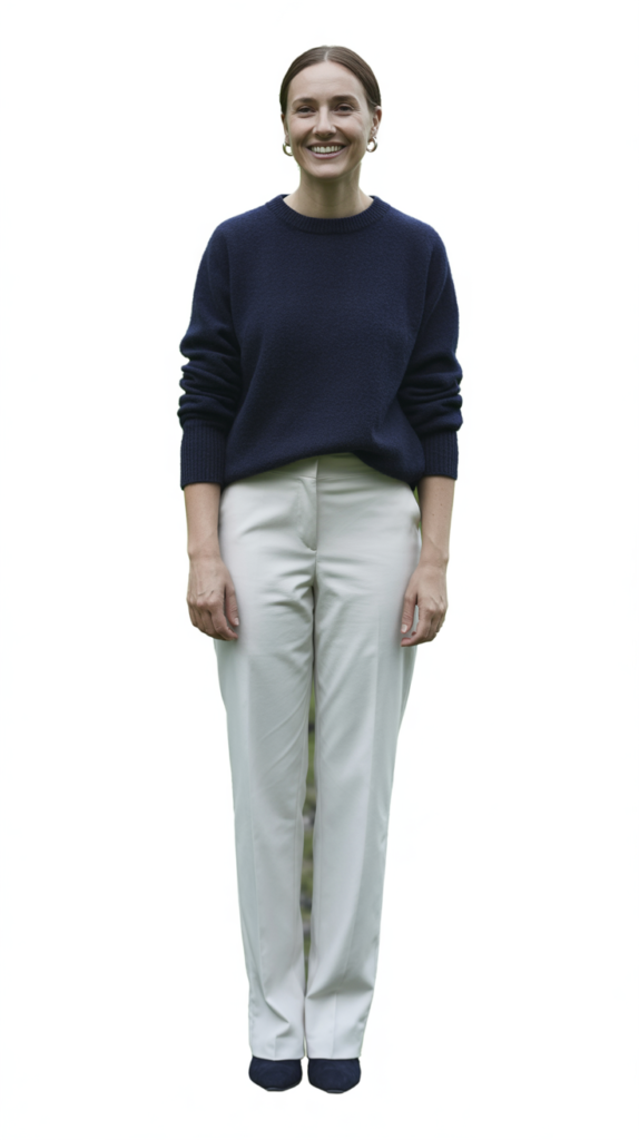  Navy Sweater and White Pants