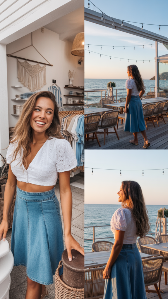 White Eyelet Crop Top with Denim Skirt