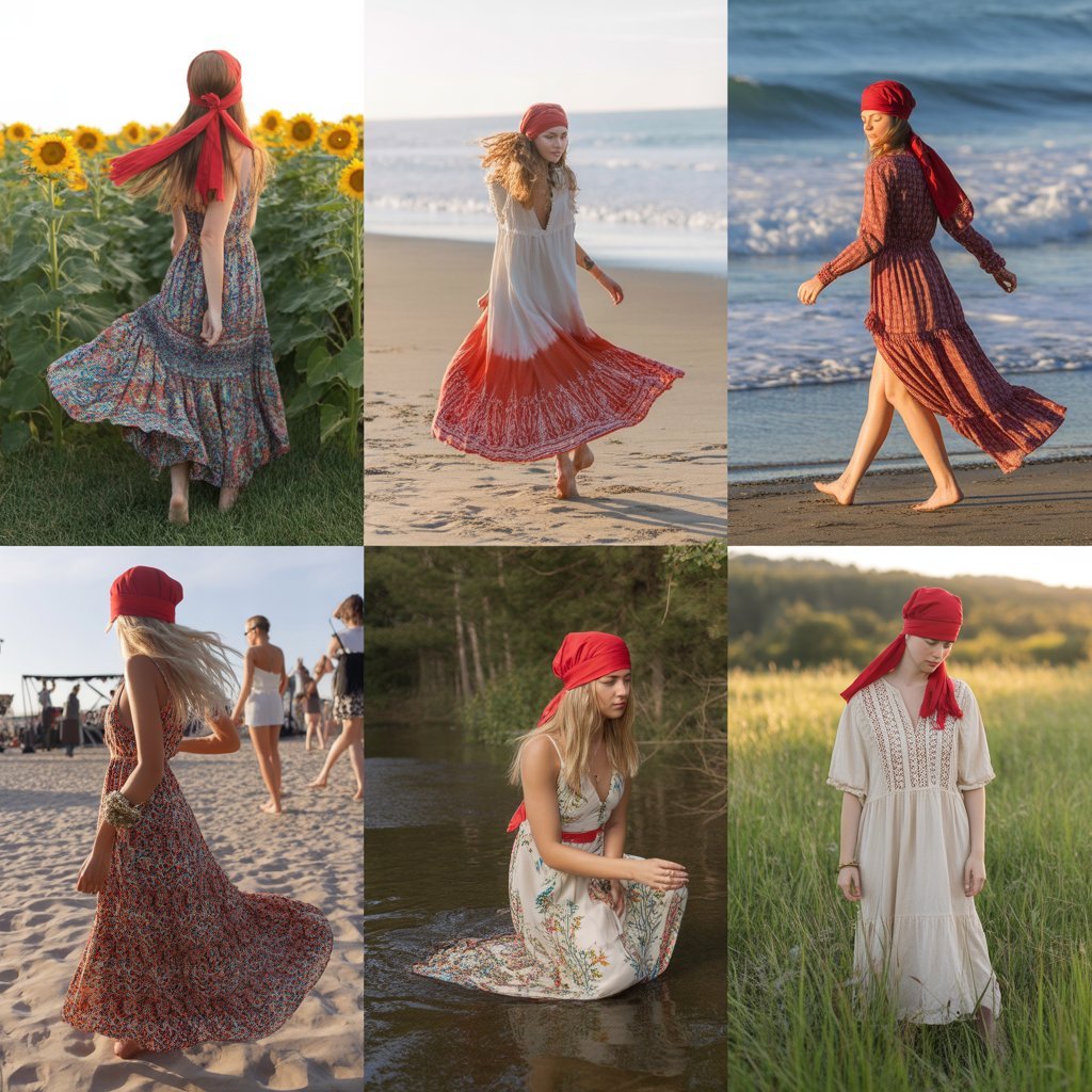 Red Hair Wrap with Bohemian Maxi Dress