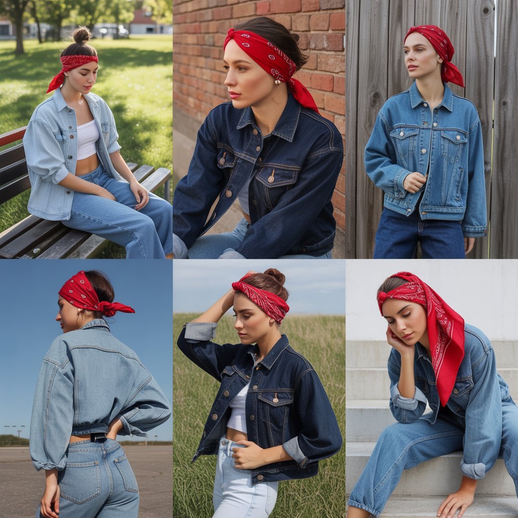  Red Bandana Headwrap with Denim on Denim